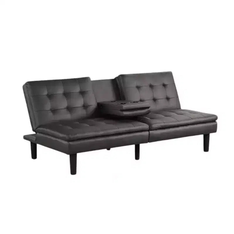 Futon Sofa Bed with Drop-Down Tray, Cupholder and USB Ports, Gray Faux Leather