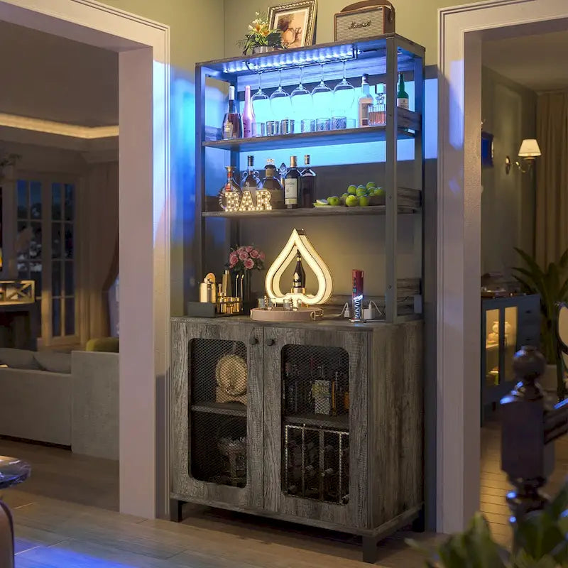 67-Inch Tall Wine Bar Cabinet with LED Lights, Glass Holder and Power Outlets