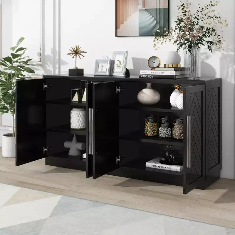 Modern Sideboard Buffet Cabinet with Adjustable Shelves and Silver Handles for Kitchen, Dining Room, or Living Room,Black