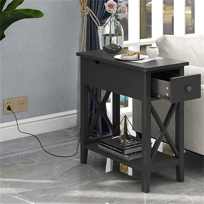 Narrow End Table with Flip Top Drawer and Charging Station