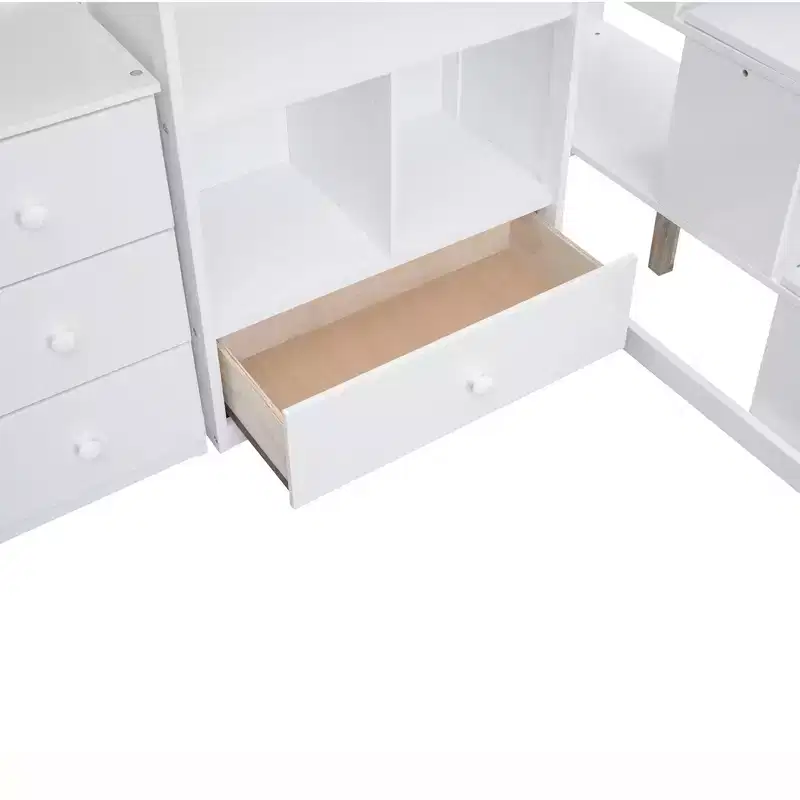 Twin Size Loft Bed with L-Shaped Desk, 3 Drawers, Cabinet, Staircase Storage, Solid Pine/MDF Build