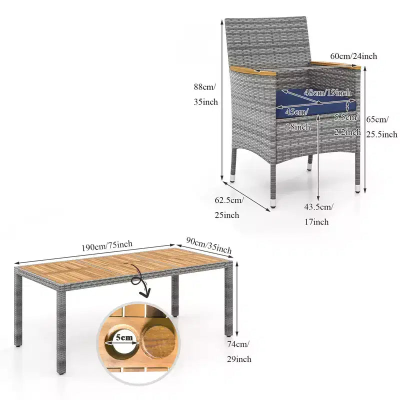 Gymax 9PC Outdoor Patio Dining Set for 8 w/ PE Rattan Chairs & Table Featuring 2 Umbrella Hole for Garden Deck Patio
