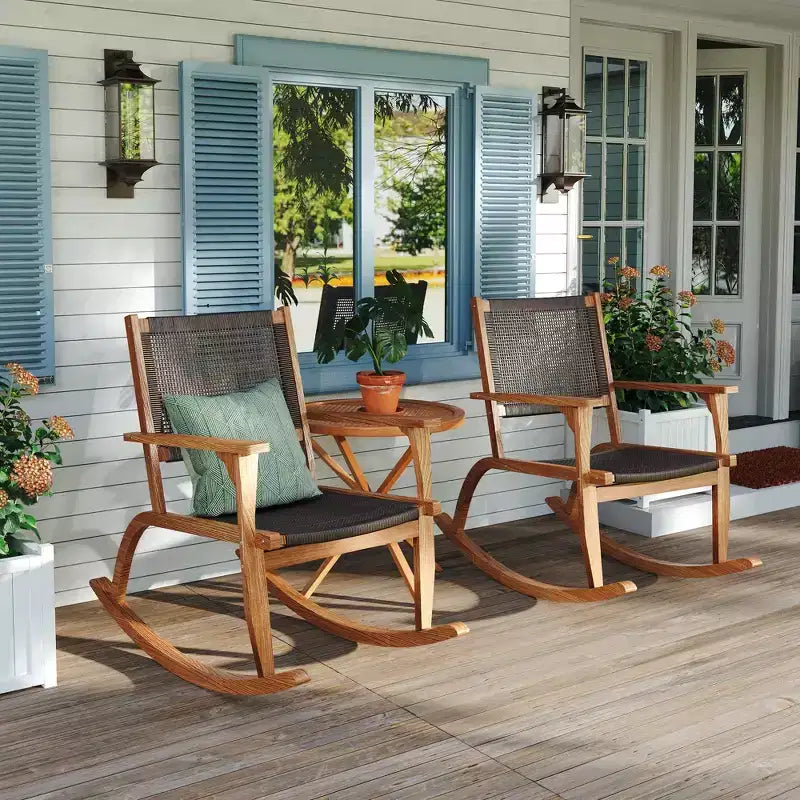 GDFStudio Antonio Patio Modern Acacia Wood Rocking Chair with Wicker Back and Seat (Set of 2)
