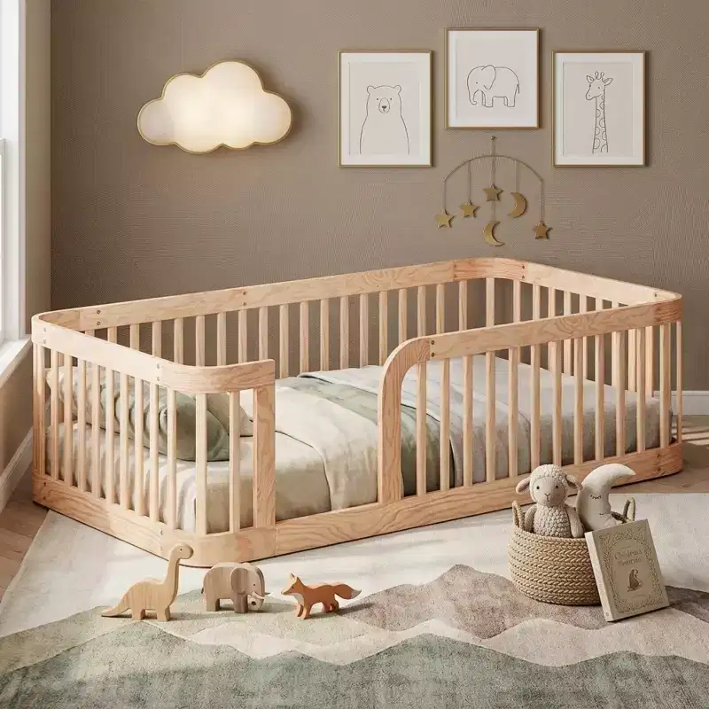 Wooden Floor Bed Frame with Fence Guardrails & Rounded Corners