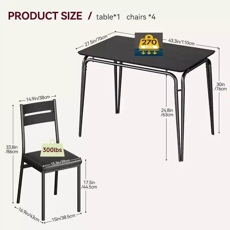 Dining Set for 4, Kitchen Table with 4 Upholstered Chairs, 5 PCS Small Dining Table Set, Dining Room Table for Kitchen Dining Room