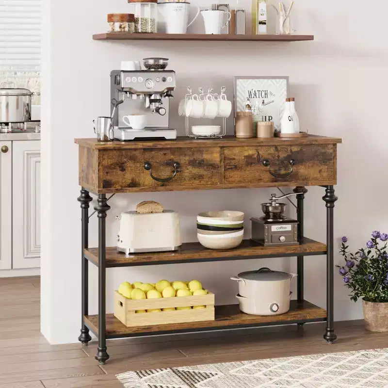 Slim Console Table with 2 Drawers and Open Shelves, Brown