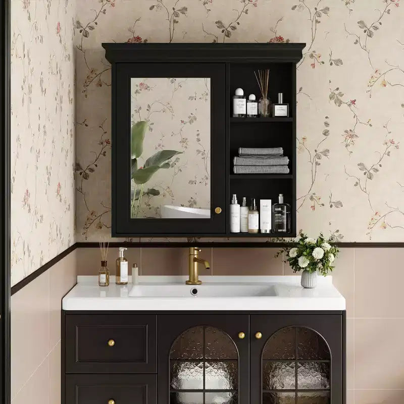 MAYEERTY 47 Wall Mounted Bathroom Cabinet with Mirror 3 Adjustable Shelves 3 Open Compartments Glass Door for Bathroom White