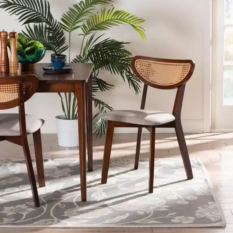 Baxton Studio 2pc Dannell Fabric and Wood Dining Chairs Gray/Walnut Brown/Light Brown: Mid-Century, Rattan Detail, Foam Cushion