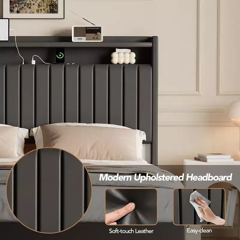 Bed frame, floating bed frame, high headboard, PU leather upholstery, platform bed frame, no mattress required, easy installation.