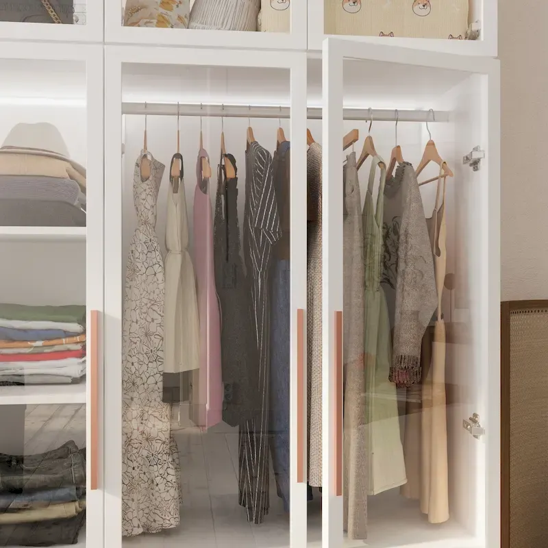 47.2 Wide Armoire LED Light All Glass Door Closet Cabinet Wardrobe
