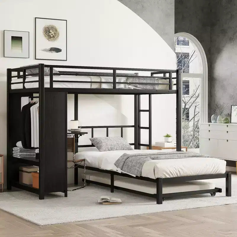 Full over Twin Bunk Bed with Built-in Wardrobe, Trundle, and Foldable Desk