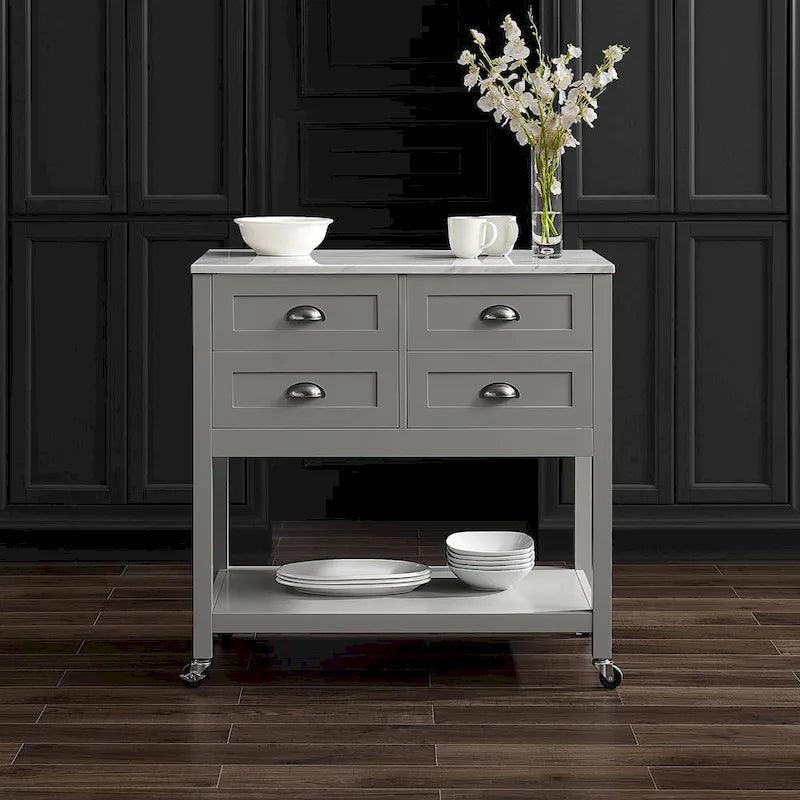 Modern Farmhouse Kitchen Island Cart with 4 Drawers Faux Marble Top and Casters