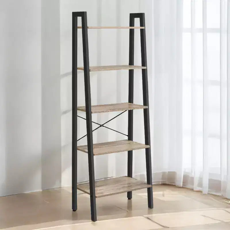 5-Tier Industrial Ladder Shelf Bookcase with Steel Frame, Multi-Room