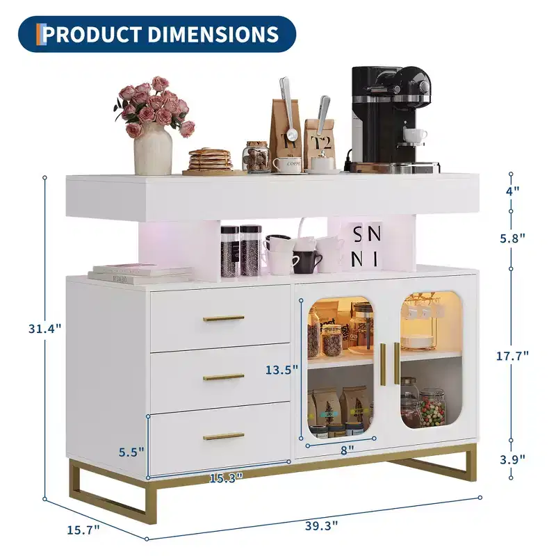 LED Smart Buffet Cabinet with 20-Color RGB Light & Charging Station, Coffee Bar Sideboard with Drawer and Hutch for Living Room Dining Kitchen