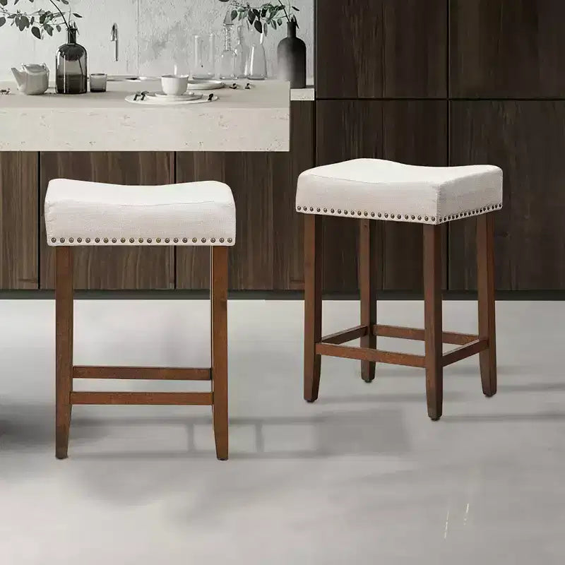 Set of 2 Nailhead Saddle Bar Stools 24 with Fabric Seat & Wood Legs, Beige/Gray
