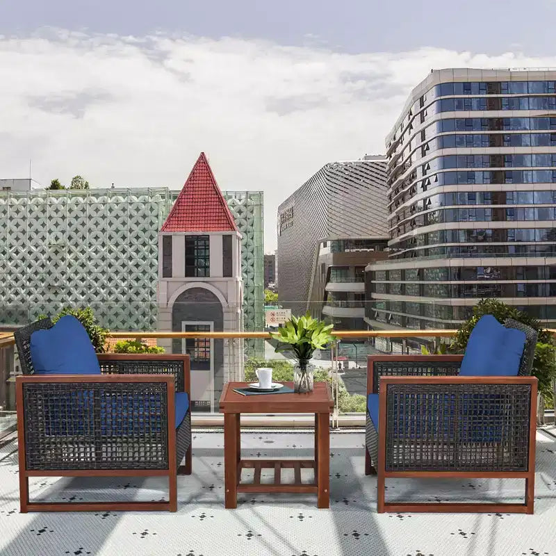 Costway 3PCS Patio Wicker Furniture Set Solid Wood Frame Cushion Sofa w/ Square Table Shelf