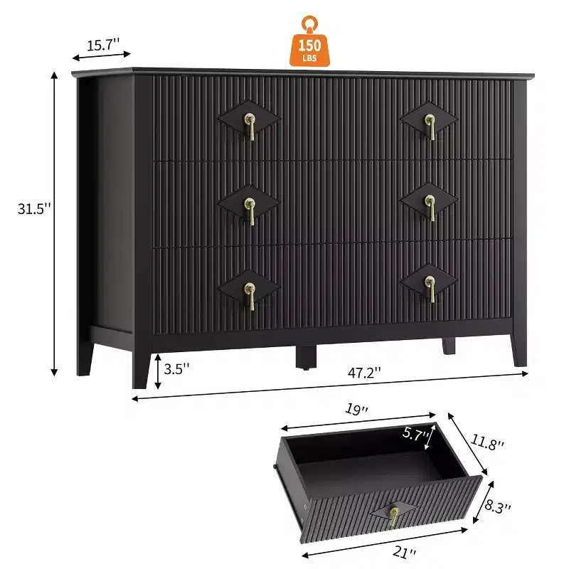 48 Wide 6-Drawer Dresser, Modern Chest with Metal Handles for Bedroom Storage, Black