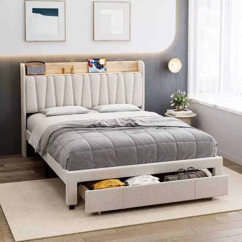 King Size Bed Frame with Storage Headboard, Charging Station, Upholstered Platform with Drawers, Sturdy Wooden Slats, No Box Spring, Light Grey