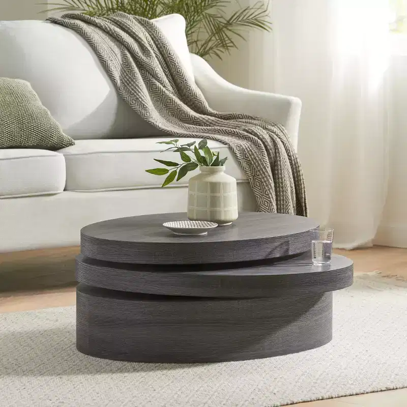32W Rotating Coffee Table Cocktail Table Center Table, Oval, Black - Merax