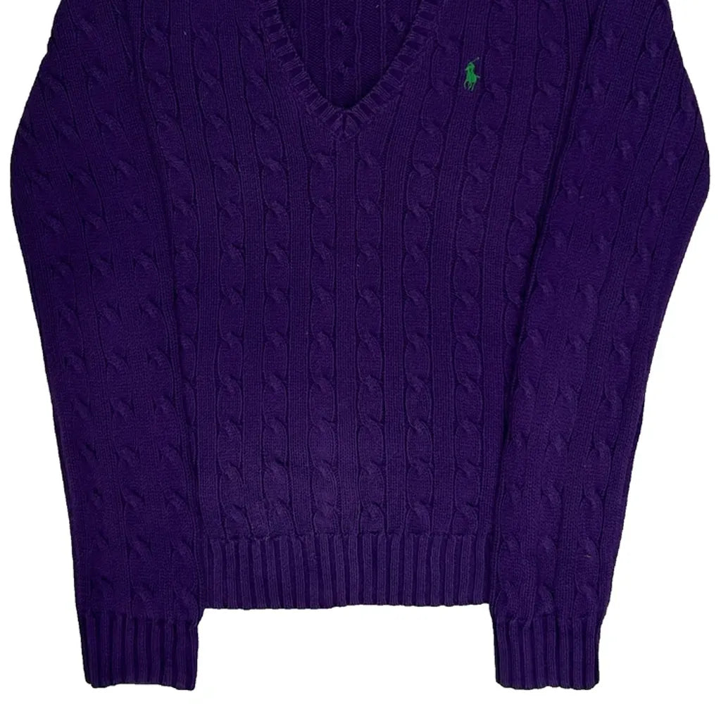 Purple Cable Knit V-Neck Long Sleeve Top Medium Cotton