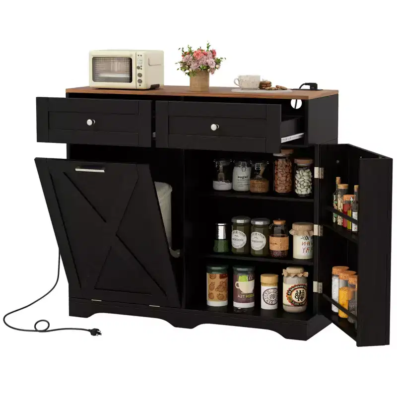 Tilt Out Trash Can Cabinet w/ Outlets 2 Drawers Adjustable Shelf Anti-Tipping Kit