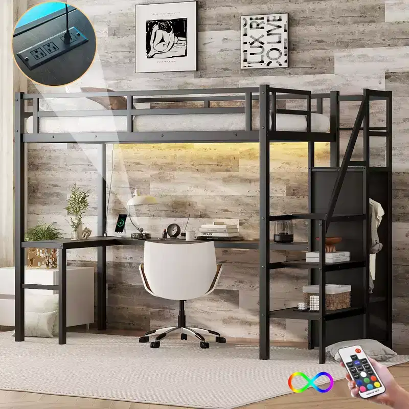 Twin XL Loft Bed with L-Shaped Desk, Wardrobe, Stairs, USB, LED & Storage Shelves – Black