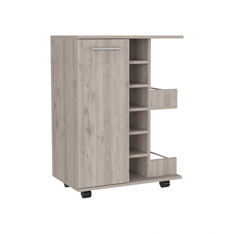 Rolling Bar Cart with Enclosed Cabinet 6-Bottle Wine Cubby and Open Bottle Shelves