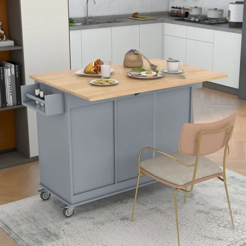 Rolling Kitchen Island with Drop Leaf Breakfast Bar Solid Wood Top 3 Drawers and Spice Rack