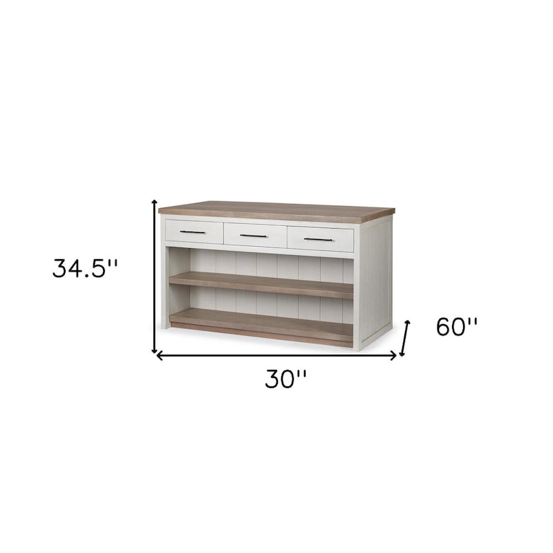 White and Brown Two-Tone Solid Wood Kitchen Island with 3 Drawers and Shelves