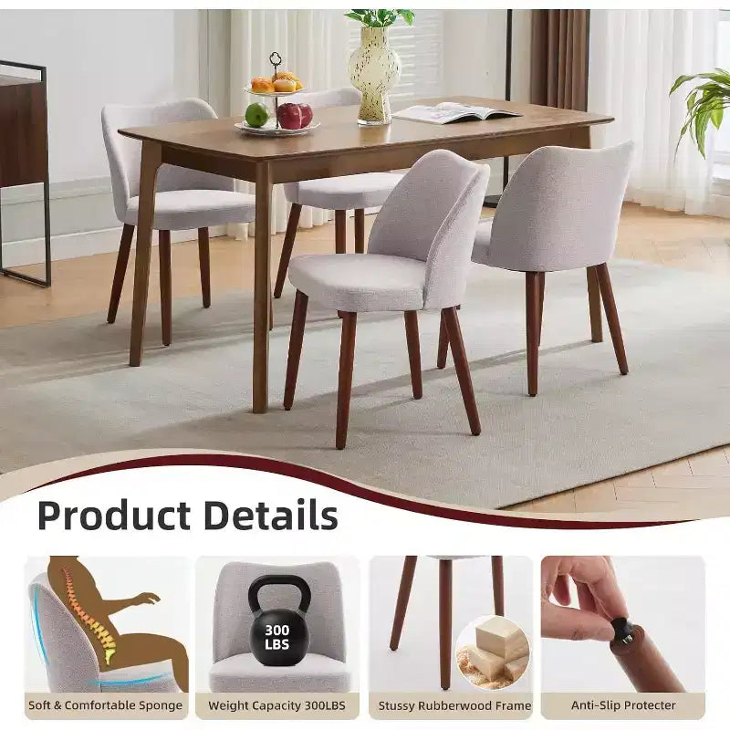 Dining Chairs Set of 4, Modern Dining Room Chair with Wood Legs, Upholstered Armless Kitchen Chairs with Leveling Feet/Wing Backrest Support, Gray
