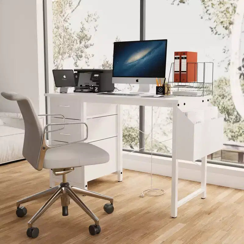 Modern Home Office Computer Desk with Drawers & Shelves, Writing Desk with Side Bag for Study & Office