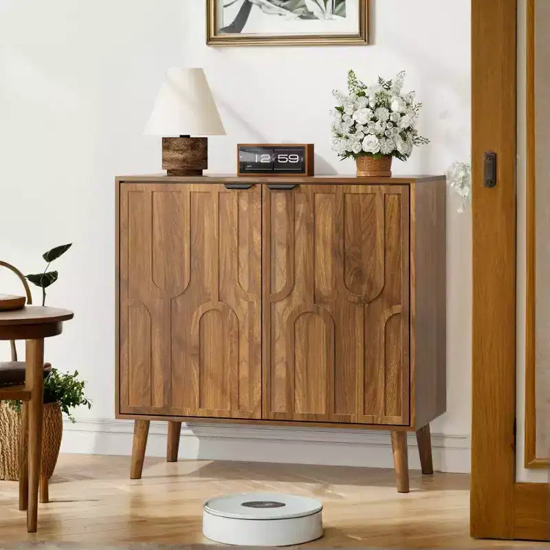 Mid-Century Modern Accent Storage Cabinet with Doors and Shelves, Small Sideboard Kitchen or Living Room Cabinet Organizer - Panipeachy