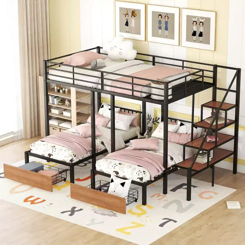 Full over Twin-Twin Triple Bunk Bed with Drawers & Staircase