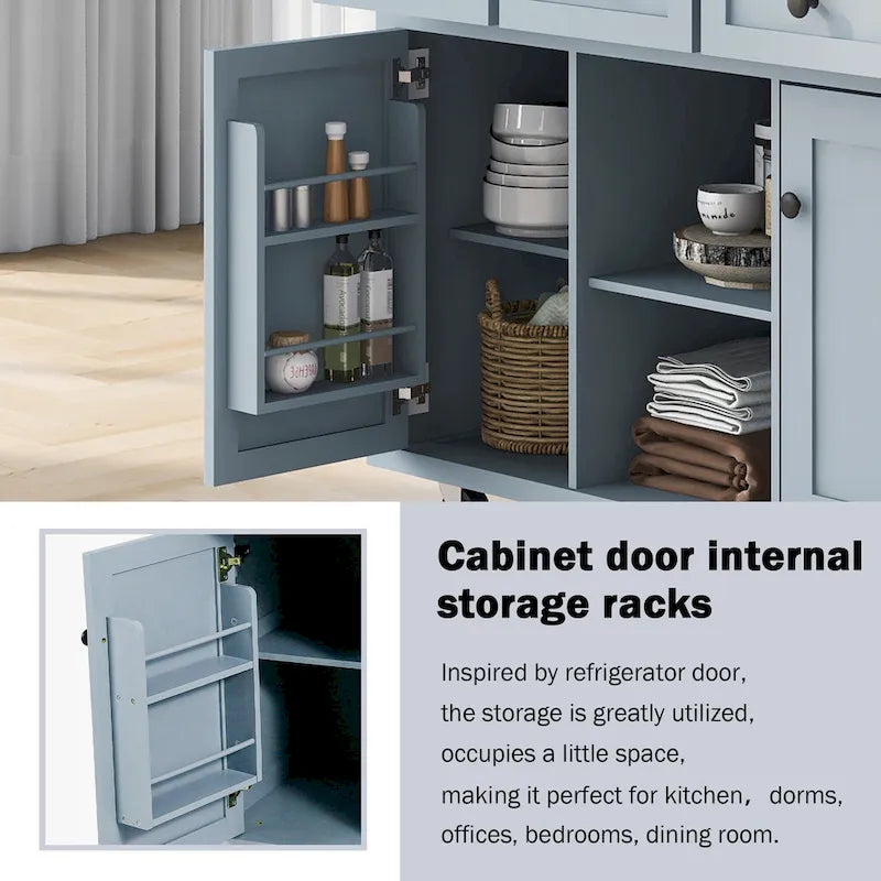 White Rolling Kitchen Island Cart with 5 Wheels Drop Leaf Rubberwood Top 3 Drawers and Spice Rack