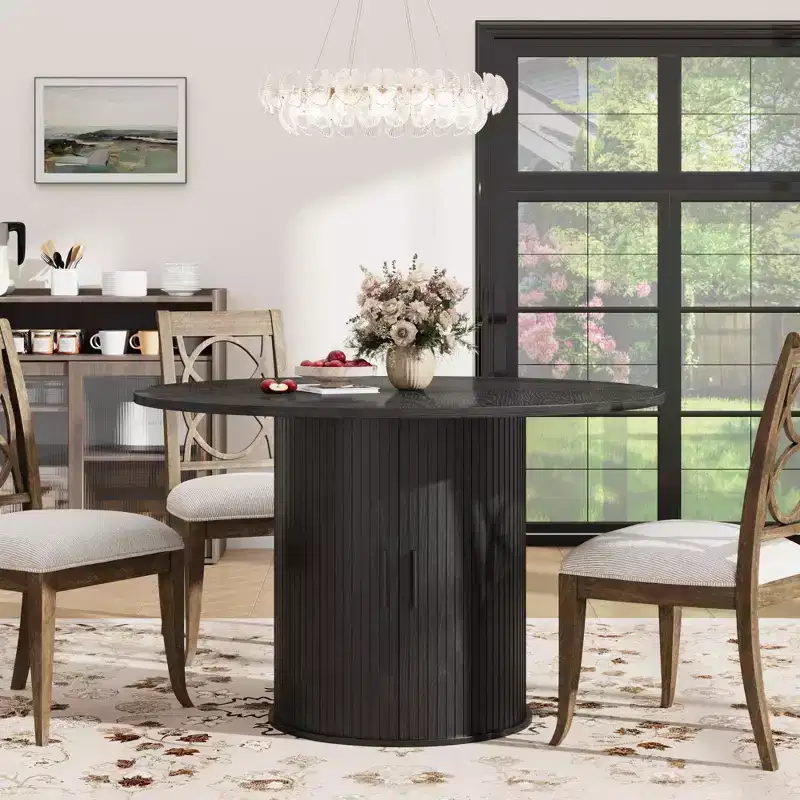 47-Inch Round Dining Table for 4, 2-Layer Storage Shelf with Wood Slide Door Kitchen Table for Home Dining Living Room