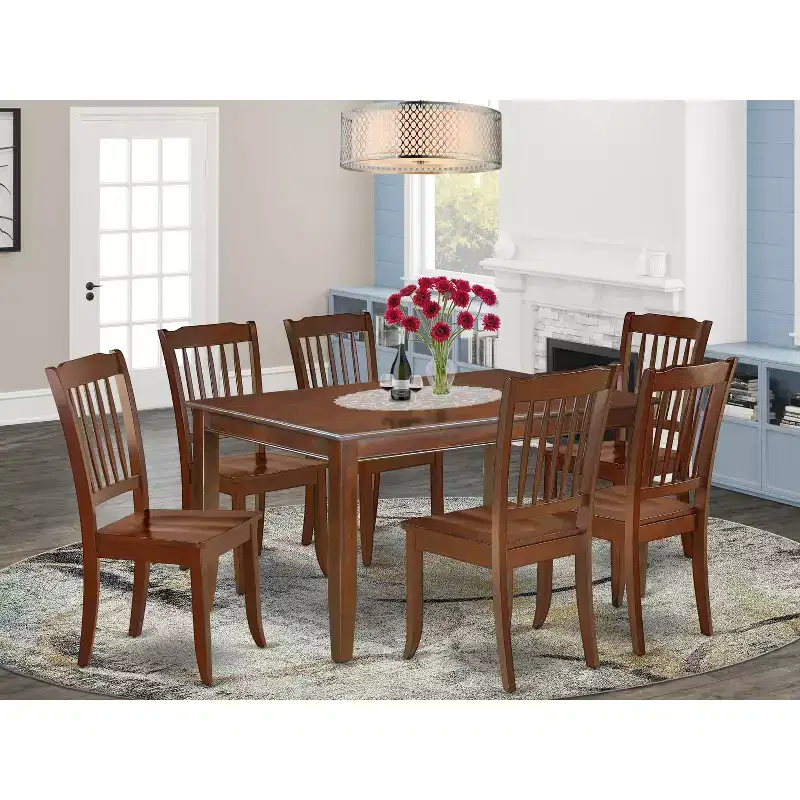 Rectangular Dining Set - 7 Piece Table & Chair Set - Mahogany Finish - Kitchen Dinette Set - 60 Inch Table