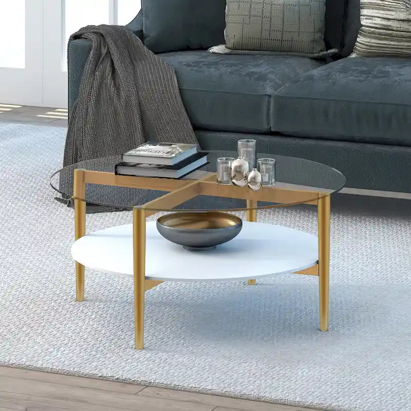 Round Mid-Century Modern Coffee Table with Tempered Glass Top