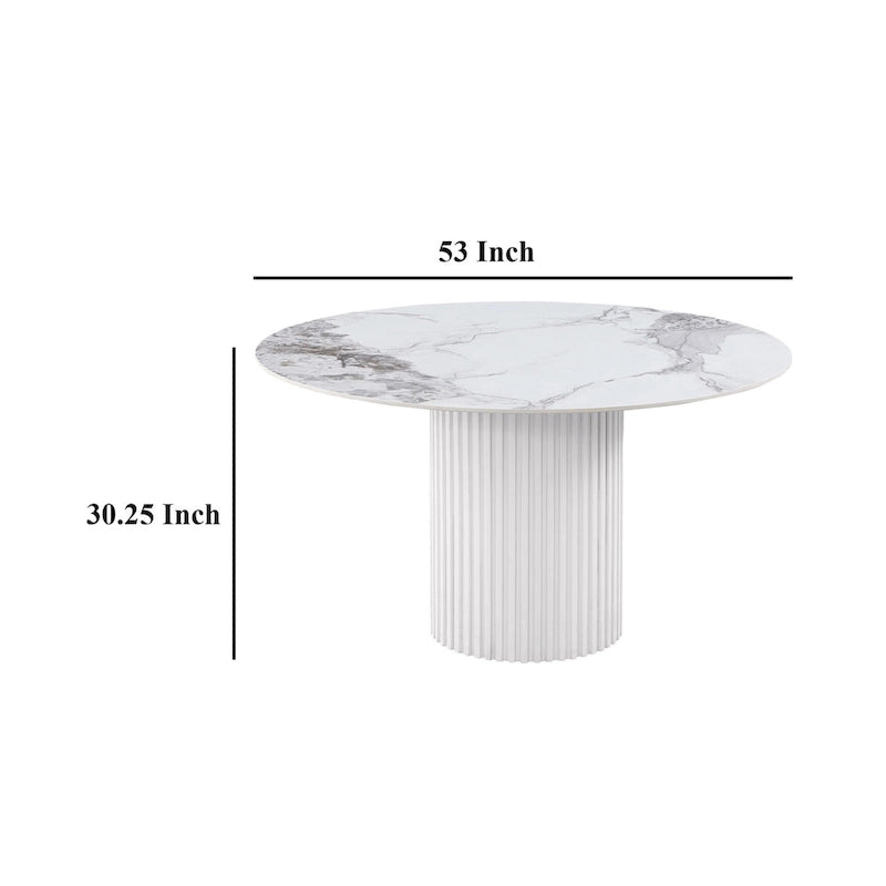 Round Dining Table with Reeded Base, White Sintered Stone, 53 Inch