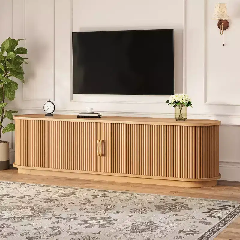 Vintage Rustic TV Stand with Sliding Wood Slatted Doors, 75 Farmhouse Media Console with Drawer (Natural Wood Grain)
