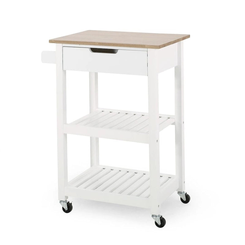 Compact Rolling Kitchen Cart with Rubberwood Top Drawer 2 Slatted Shelves and Towel Rack