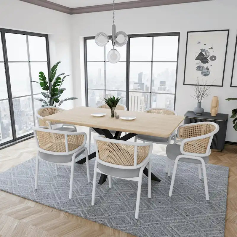 Modern Stylish Dining Arm Chair with Rattan Back and Steel Legs