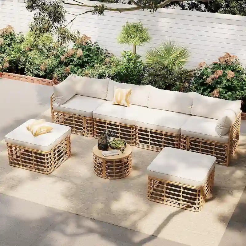 7 Pcs Outdoor Furniture Set, All-Weather Rattan Sectional Sofa Set with Thick Cushions and Pillows, Round Coffee Table