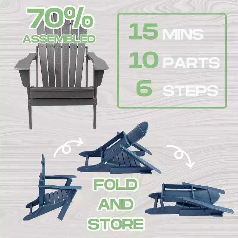 Folding Adirondack Chair  Deep Seat & Wide Armrests, Waterproof UV-Resistant Plastic Outdoor Chair for Patio, Lawn or Fire Pit