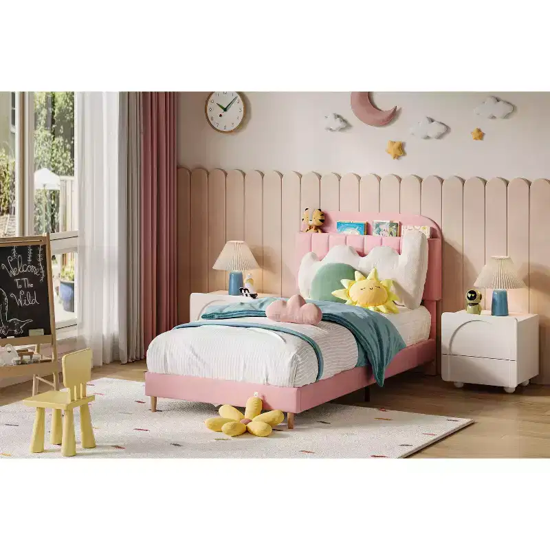Twin Size Velvet Upholstered Platform Bed Frame with Storage Headboard, Durable Wooden Slats, Quiet Design, Easy Assembly, No Box Spring Required