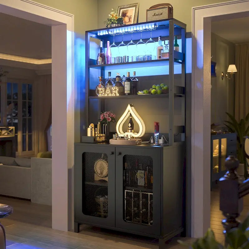 67-Inch Tall Wine Bar Cabinet with LED Lights, Glass Holder and Power Outlets