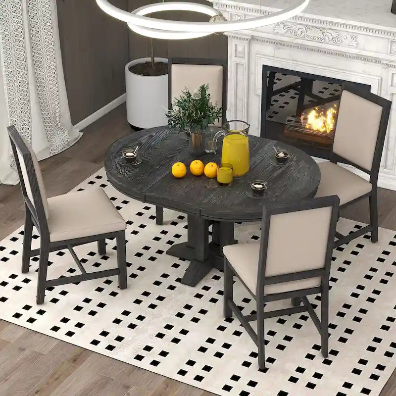 Black Wooden Dining Table with Extendable Round Table & 4 Chairs