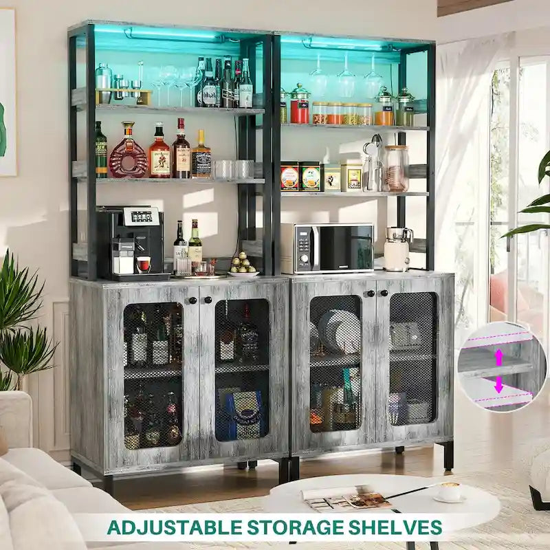 67-Inch Tall Wine Bar Cabinet with LED Lights, Glass Holder and Power Outlets