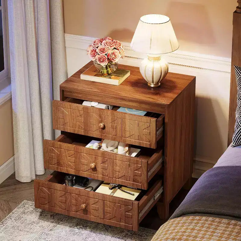 Farmhouse Nightstand with 3 Drawers - Industrial Bedside End Table, Brown