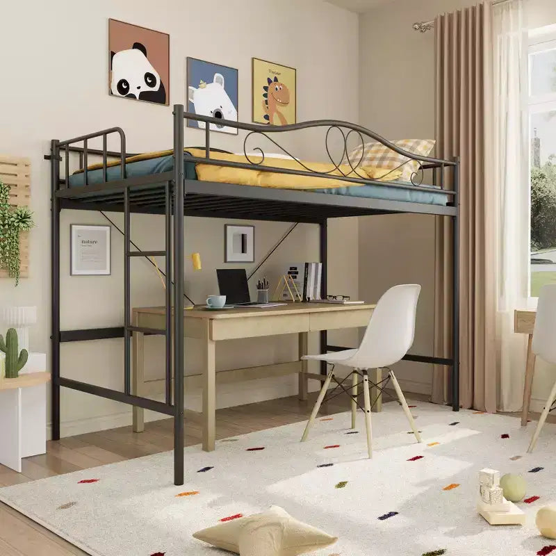 Loft Bed Twin Size, 400 Lbs Heavy Duty Metal Twin Loft Bed with Ladder & Safety Guardrail, Space-Saving, Noise Free, No Box Spring Needed, Cream White