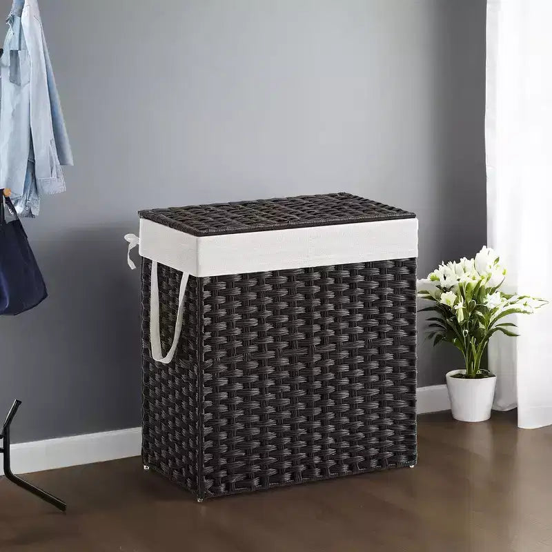 110L Laundry Hamper with Lid Laundry Clothes Hamper with 2 Removable Liner Bags Wicker Double Laundry Basket for Bathroom